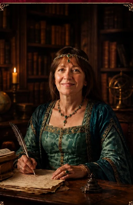 Ritratto di Ornella Albanese in abito medievale, in una biblioteca antica